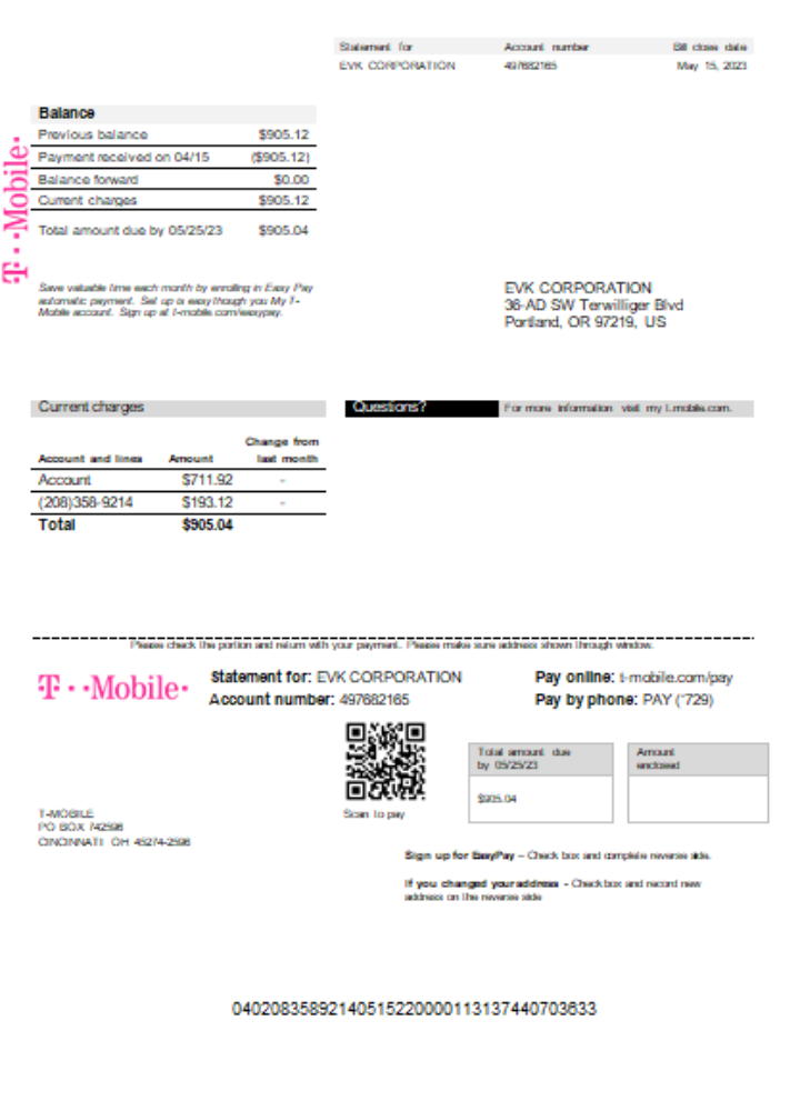 Download T Mobile US utility business bill  SCR Photoshop template